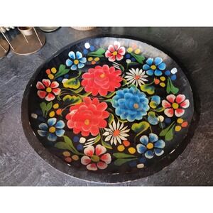 Vintage Large Mexican Hand Carved Hand Painted Plate Tray Flowers Wood